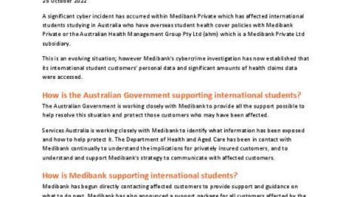 Medibank Private cyber incident factsheet for international students